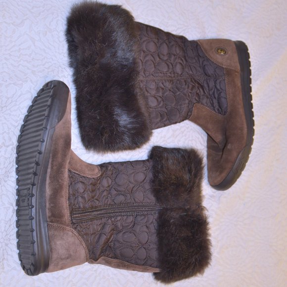 Coach Mid Calf Talen Signature Logo Boots with Rabbit Fur Trim - Picture 1 of 9